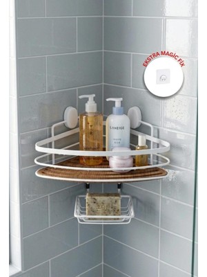Okyanus Home Ahşap Detaylı Tek Katlı Beyaz Üçgen Şampuanlık & Sabunluk 21 cm