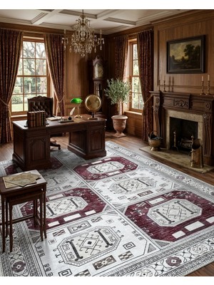 Pera Halı Geometrik Panel Desenli Krem ve Bordo Etnik Halı - AR848CR