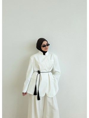 Moda Aksa 7437 Oversize Premium Astarlı Blazer__ Beyaz