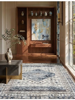 Pera Halı Eskitme Geometrik Madalyon Desenli Lacivert ve Krem Etnik Halı - AR859NC