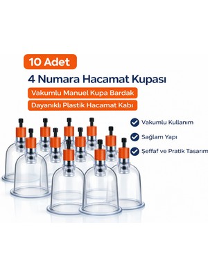 Verto 4 Numara Hacamat Kupası 10 Adet Vakumlu Manuel Kupa Bardak Dayanıklı Plastik Hacamat Kabı