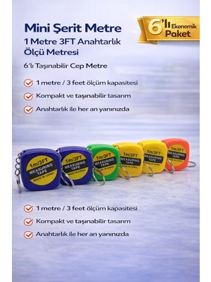 Verto Mini Şerit Metre 1 Metre 3ft Anahtarlık Ölçü Metresi Taşınabilir Cep Metre 6 Adet