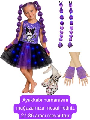 3b Kids Kuromi Işıklı Penye Kostüm Elbise Kuromi Peruk Saç Kuromi Topuklu Ayakkabı Mor Eldiven Seti Doğum Günü Parti