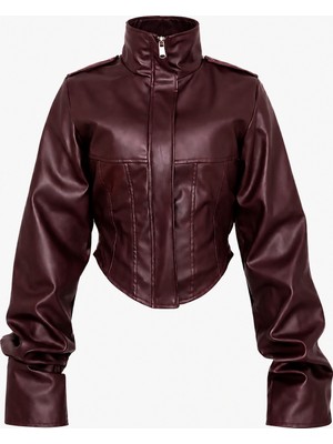 Moda Armanc Kadın Crop Korse Deri Ceket Su İtici Özellikte Bordo Renkli Slim Fit Tasarım