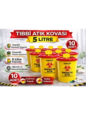 Verto Tıbbi Atık Kovası 5 Litre 10 Adet Kapaklı Tıbbi Atık Kutusu Enfekte Atık Kovası