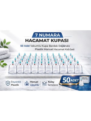 Verto 7 Numara Hacamat Kupası 50 Adet Vakumlu Kupa Bardak Dayanıklı Plastik Manuel Hacamat Kabı Seti