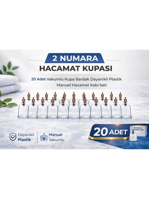 Verto 2 Numara Hacamat Kupası 20 Adet Vakumlu Kupa Bardak Dayanıklı Plastik Manuel Hacamat Kabı
