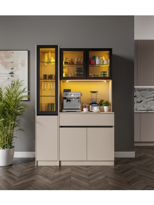 GuneyStore Viona Kum Beji Midi Sol Vitrinli Komple Mdf LED Aydınlatmalı Kahve Köşesi