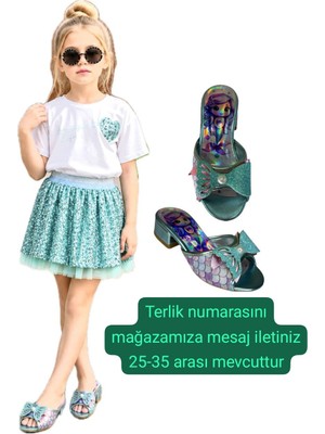 3b Kids Kız Çocuk Pullu Tütü Etek Barbii Etek 2 Li Kız Çocuk Etek Takımı Yeşil Su Yeşili Etek Pullu Etek + Yeşil Topuklu Terlik Seti 3 Lü Takım (kalıbı büyüktür )
