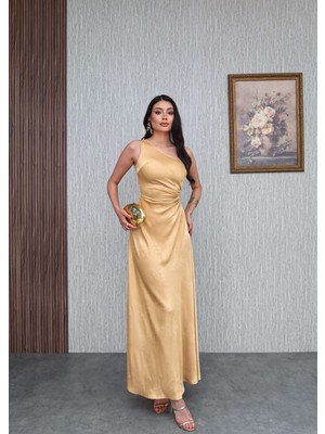 Esra Helvacı Gold Desenli Tek Kol Elbise