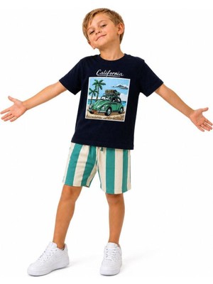 Cg Kids Araba Desenli Çizgili Şortlu Tshirt & Şort Erkek Çocuk Alt Üst Takım