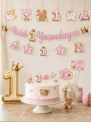 Parti Adresi 1 Yaş Temalı Kız Bebek Doğum Günü Seti Parti Paketi Pembe Gold 