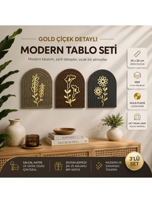 Gold Çiçek Detaylı Ahşap Gökküşağı Duvar Tablo Seti – 70X25 cm Dekoratif Ev Ofis Süsleme