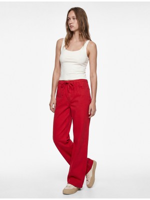 Koton Pamuklu Cep Detaylı Beli Bağcıklı Bol Pantolon - Loose Straight Fit Jean