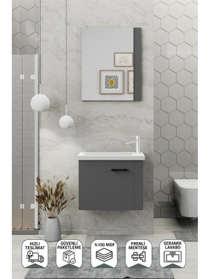 Biani Fix Maxila 60 cm Banyo Dolabı,Seramik Lavabolu, Aynalı,Lavabo Dahil,Mdf,Mat Gri