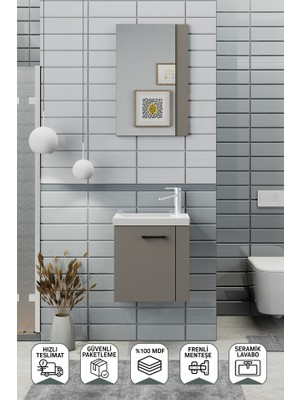 Biani Minila 45 cm Banyo Dolabı,Seramik Lavabolu, Aynalı,Lavabo Dahil,Mdf,Latte