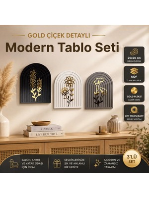 Gold Çiçek Detaylı Ahşap Gökküşağı Duvar Tablo Seti – Siyah Beyaz Gri 70X25 cm Dekoratif Set