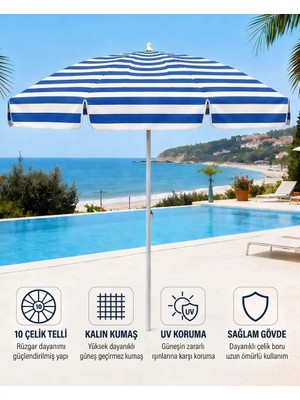 Durul Plaj Şemsiyesi Balkon Bahçe Güneş Şemsiyesi 200CM 10 Telli Uv Korumalı – Mavi Çizgili