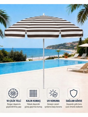 Durul Plaj Şemsiyesi Balkon Bahçe Güneş Şemsiyesi 200CM 10 Telli Uv Korumalı – Kahve Çizgili