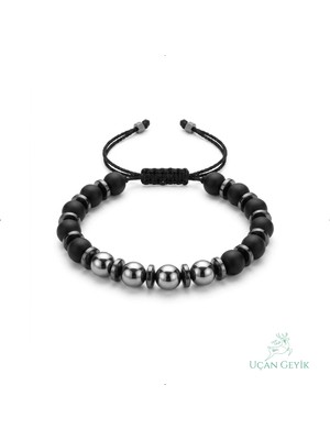 Uçan Geyik Hematit & Oniks Doğal Taş Bileklik - Esnek Makrome Örgü 8mm  | Kadın Erkek Bileklik