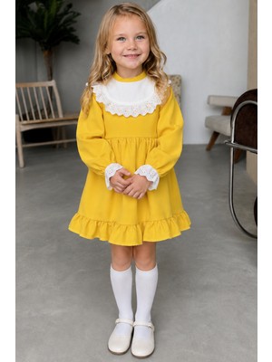 Parla Kids Kız Çocuk Ruby Hardal Uzun Kollu Dantel Detaylı Fırfırlı Elbise