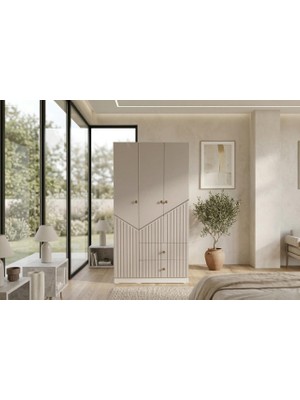 By Cino BYCİNO Leyla 3 Kapaklı 2 Çekmeceli Modern Tasarım Mdf Membran Kapak Lambiri Bej Gardırop