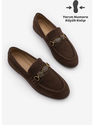 Marjin Kadın Loafer Makosen Tokalı Taşlı Klasik Günlük Ayakkabı Savira Kahve Süet
