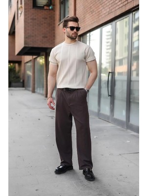 Madmext Taş Rengi Regular Fit Bisiklet Yaka Fitilli Triko Erkek Tişört E7490