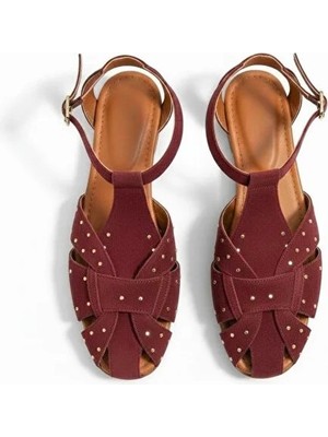 Ne&Ve Shoes Bordo Süet Kare Burunlu Pim Detaylı Kadın Günlük Sandalet
