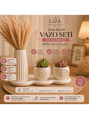 Liza Home Decoration 3’lü Taş Tozu Dekoratif Vazo Seti | Pampas & Sukulent Uyumlu El Yapımı Modern Set