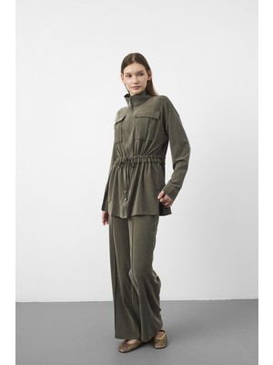 Basic Park Haki Tencel Akışkan Doku Beli Ayarlanabilir Ön Dikişli Ceket Pantolon Takım