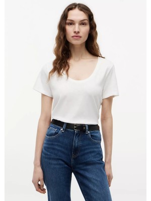 Tommy Hilfiger Kadın Regular Fit Keten ve Pamuk Karışımlı Açık Yuvarlak Yakalı Kısa Kollu Beyaz T-Shirt WW0WW48705-YBL