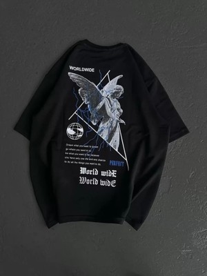 Meks Unisex Bisiklet Yaka Baskılı Oversize T-Shirt - Siyah