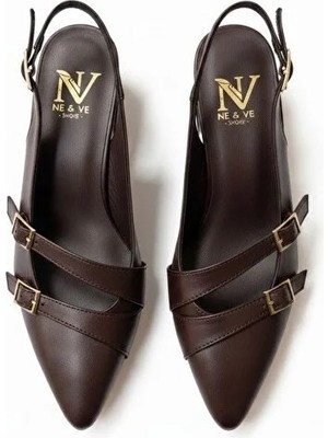 Ne&Ve Shoes Kahve Deri Üç Tokalı Kadın Sivri Burun Kalın Topuklu  Ayakkabı