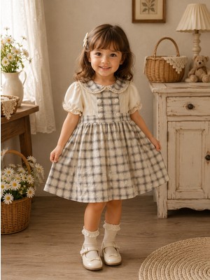 My Lusa Baby Kız Çocuk ve Bebe Vintage Ekoseli %100 Pamuklu Dantel Yakalı Elbise
