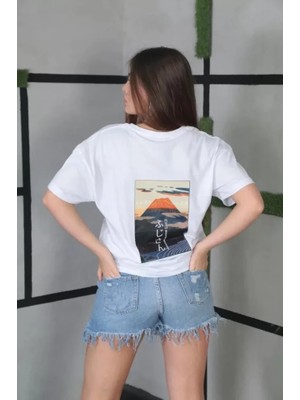 Meks Unisex Bisiklet Yaka Baskılı Oversize T-Shirt- Beyaz