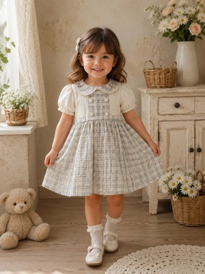 My Lusa Baby Kız Çocuk ve Bebe Vintage Ekoseli %100 Pamuklu Dantel Yakalı Elbise