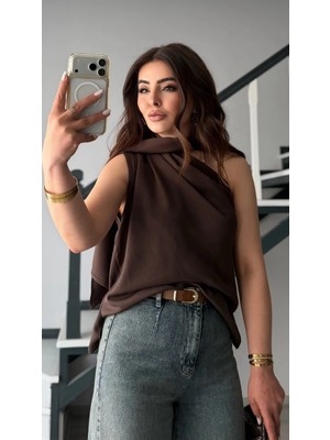 Elisin Acı Kahve Şal Detaylı Bluz