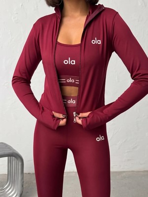 Trend Butik Burada Kadın 3'lü Spor Takımı - Fermuarlı Crop Ceket, Büstiyer ve Yüksek Bel Toparlayıcı Tayt Seti