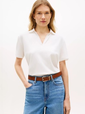 Tommy Hilfiger Kadın Normal Kalıp Pamuklu Kısa Kollu Beyaz Polo Yaka T-Shirt WW0WW48720-YBL