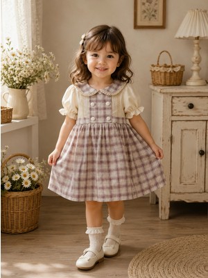 My Lusa Baby Kız Çocuk ve Bebe Vintage Ekoseli %100 Pamuklu Dantel Yakalı Elbise
