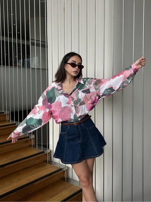 Minaaise Kadın Mavi Mango Kumaş Desenli Cepli Oversize Gömlek 29084