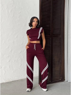Trend Butik Burada Kadın Şerit Detaylı Crop Top ve Yüksek Bel Bol Paça Pantolon Ikili Takım