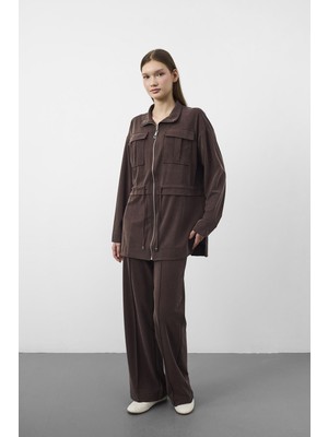 Basic Park Kahve Tencel Akışkan Doku Beli Ayarlanabilir Ön Dikişli Ceket Pantolon Takım