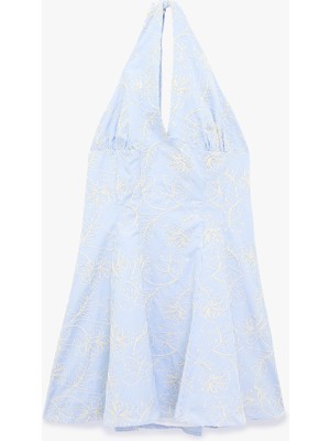 Koton Brodeli Floral Nakış Detaylı Slim Fit Sırt Dekolteli Halter Yaka Çizgili Mini Elbise