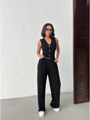 Trend Butik Burada Kadın V Yaka Düğme Detaylı Yelek ve Yüksek Bel Palazzo Pantolon Ikili Takım