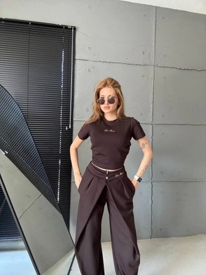 Trend Butik Burada Kadın Kruvaze Detaylı Geniş Paça Pantolon ve Crop Top Ikili Takım
