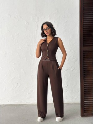 Trend Butik Burada Kadın V Yaka Düğme Detaylı Yelek ve Yüksek Bel Palazzo Pantolon Ikili Takım
