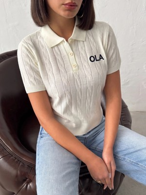 Trend Butik Burada Kadın Polo Yaka Düğmeli Saç Örgü Desenli Kısa Kollu Triko Bluz