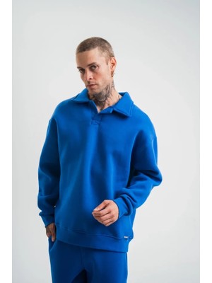Meks Erkek Patlı Yaka Üç Iplik Pamuklu Sweatshirt Double Oversize Rahat Kalıp Günlük Kullanım - Mavi